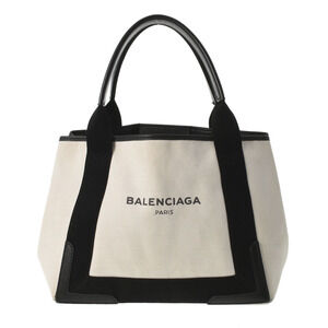 BALENCIAGA Cabas White Black Canvas Leather Handbag